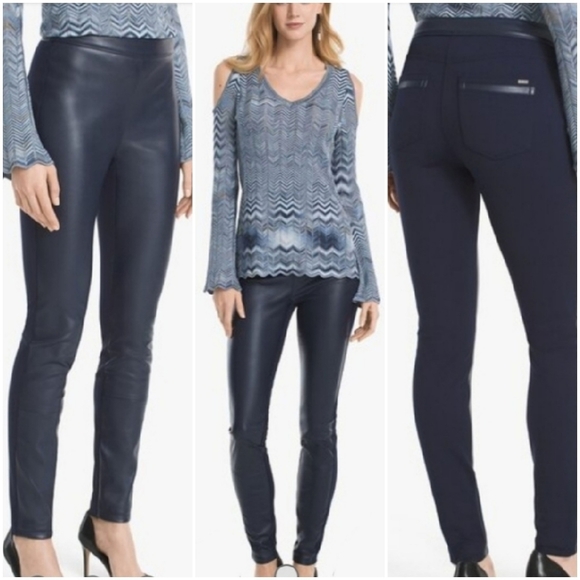 White House Black Market Pants - White House Navy Blue Vegan Faux Leather Front Ponte Knit Back Pants Leggings 0